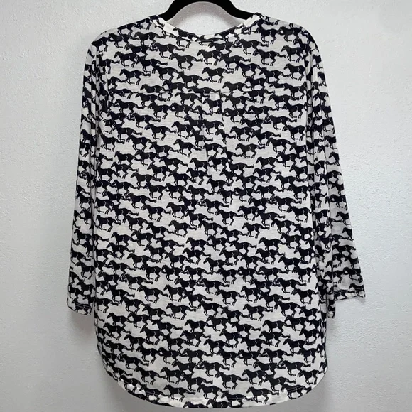 H&M Black Cream Equestrian Horse Print V-neck 3/4 sleeve Blouse 3638 - Picture 4 of 6